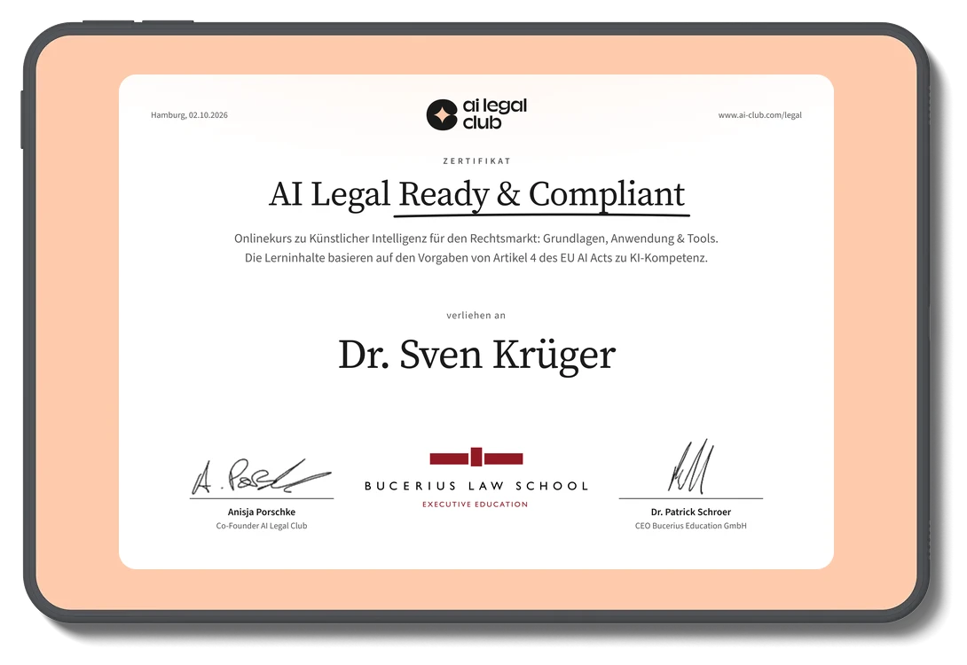 Zertifikat „AI Legal ready & compliant“ des AI Legal Club auf einem Tablet
