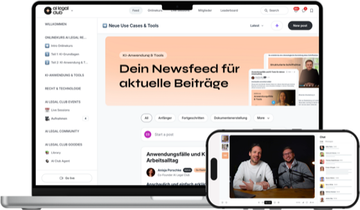 Lernplattform des AI Legal Club auf Laptop und Smartphone: Newsfeed mit aktuellen Beiträgen