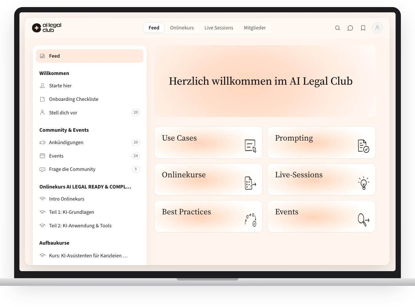 Die Academy auf der Plattform des AI Legal Club: Feed mit Use Cases, Prompting, Onlinekursen, Live-Sessions, Best Practices und Events