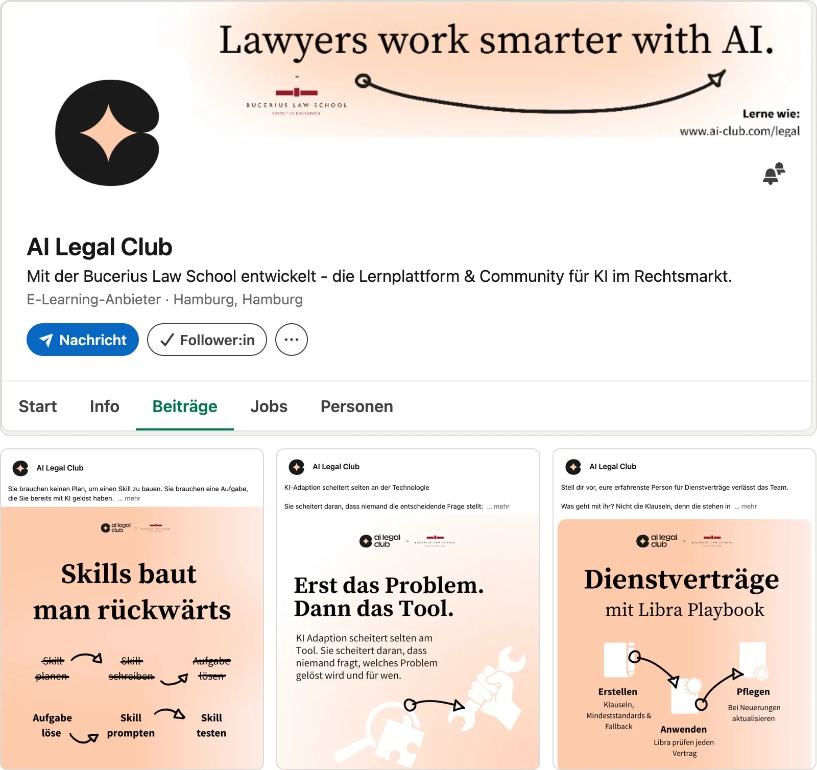Das LinkedIn-Profil des AI Legal Club mit drei Beiträgen