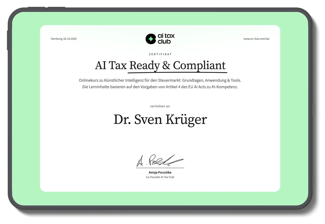 Zertifikat „AI Tax Ready & Compliant“ des AI Tax Club auf einem Tablet