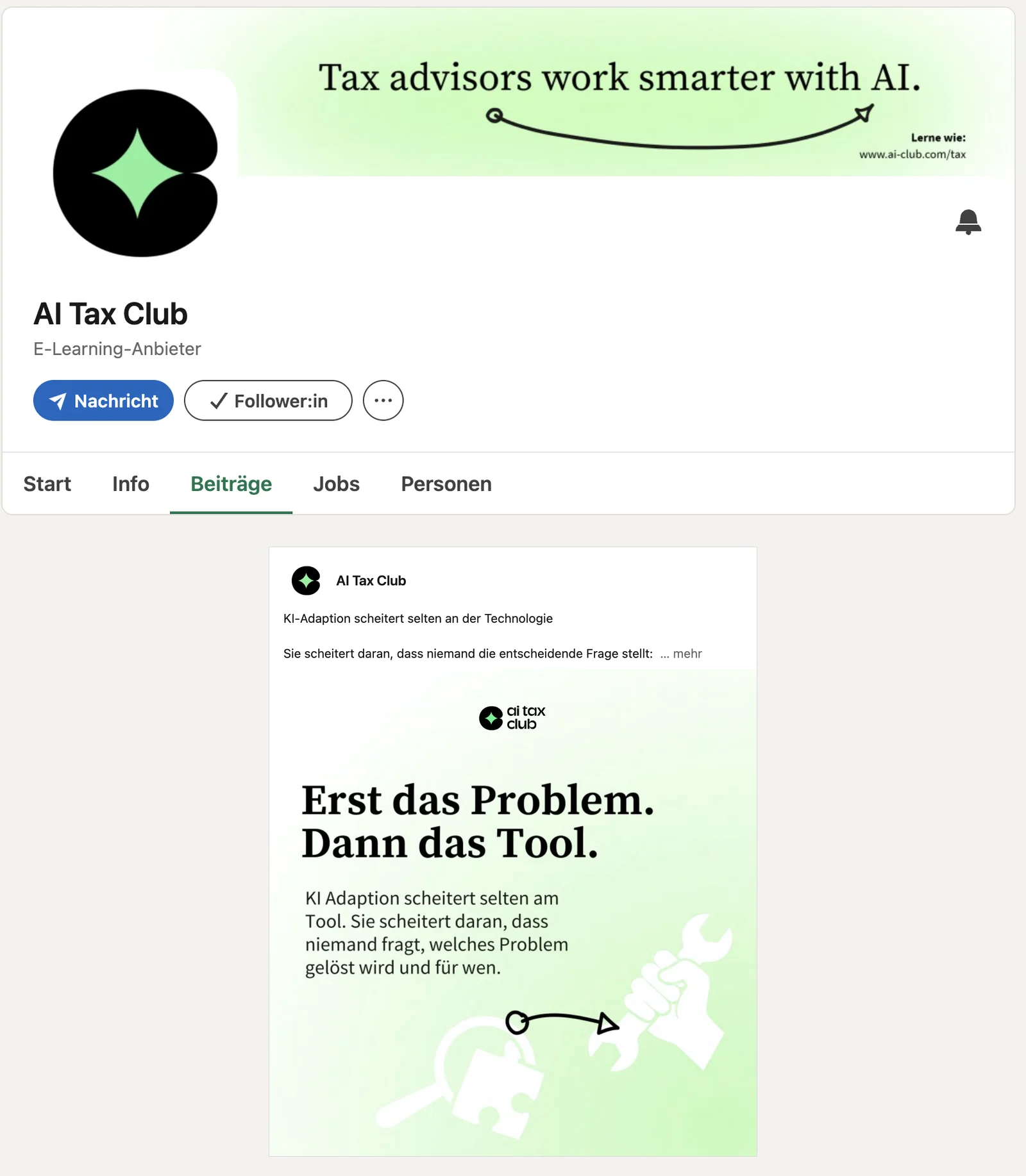 Das LinkedIn-Profil des AI Tax Club mit einem Beitrag